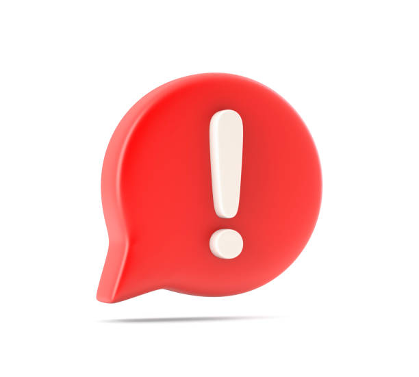 Social media notification white exclamation mark on red speech bubble stock photo