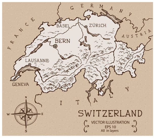 Vintage map of Switzerland hand drawn vector illustration zurich map stock illustrations