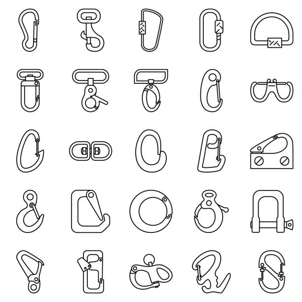 A carabiner for a rope, a clip for a rope, a clasp for jewelry. Equipment for tourists, climbers. A set of vector icons, offline, isolated. A carabiner for a rope, a clip for a rope, a clasp for jewelry. Equipment for tourists, climbers. A set of vector icons, offline, isolated. carbine stock illustrations