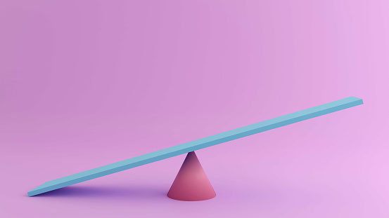 A 3d Seesaw in 3D rendering. Seesaw is a long plank balanced in the middle on a fixed support, on each end of which children sit and swing up and down by pushing the ground alternately with their feet