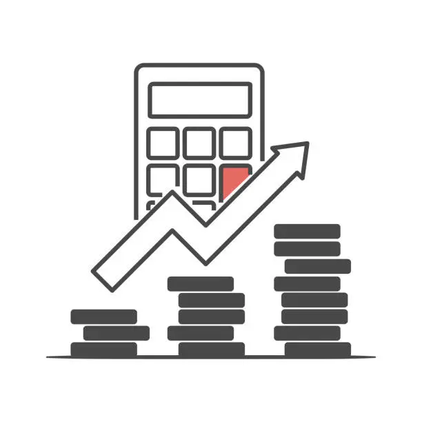 Vector illustration of Piles of coins with calculator. Market analysis, financial stat concept.