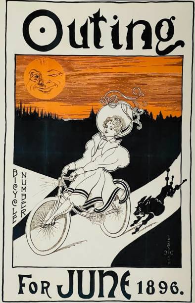 tytuł magazynu outing czerwiec 1896: kobieta jedzie na rowerze z psem biegnącym za nią. księżyc w pełni mruga z nieba. - 1896 stock illustrations