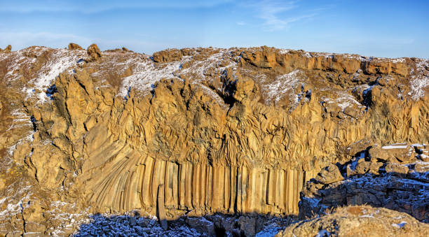 Panorama of basalt columns at Aldeyjarfoss waterfall, Iceland. The columns were formed some 9000 years ago from cooling magma from a volcanic event