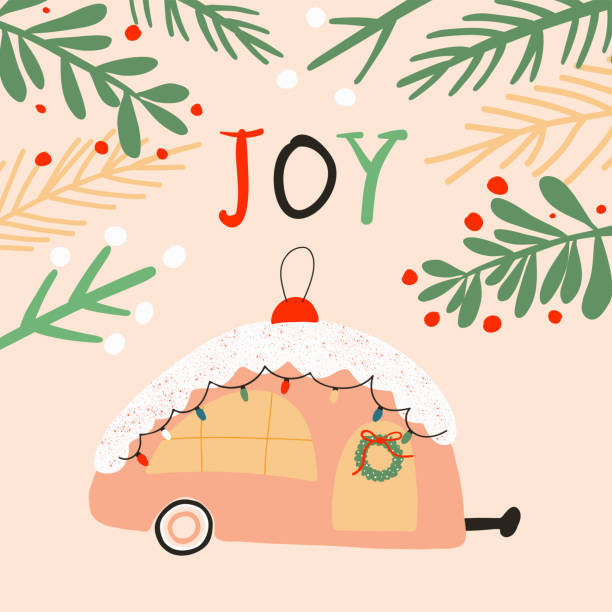 illustrations, cliparts, dessins animés et icônes de carte de vœux de noël avec roulotte de voyage, lettrage joie, branches de noël. idée de joyeux noël pour carte de vœux, art mural, t-shirt, vêtements imprimables. illustration vectorielle. - motor home mobile home vehicle trailer camping