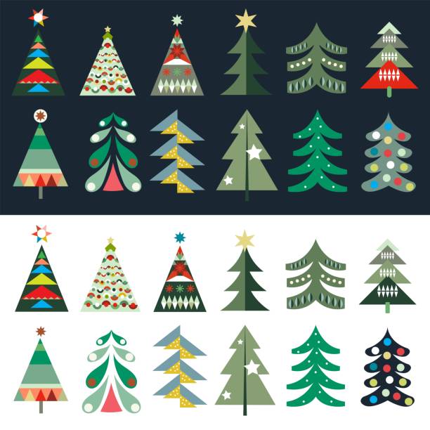 Christmas tree collection, abstract geometric shapes, winter design Christmas tree collection, abstract geometric shapes, winter design multiple christmas trees stock illustrations