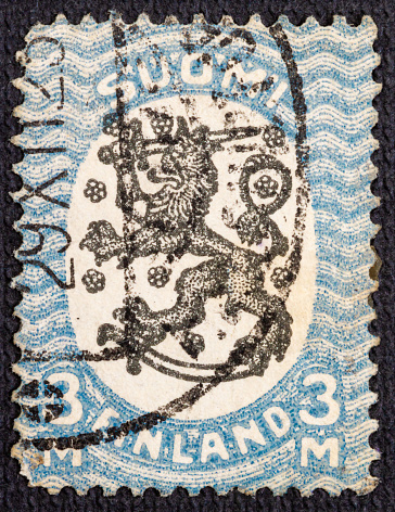 Cancelled postage stamp printed by Finland, that shows Coat of arms, circa 1921.