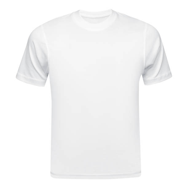 デザインテンプレートとして使用されるホワイトtシャツのモックアップフロント。白で孤立したティーシャツブランク - シャツ 無人 ストックフォトと画像