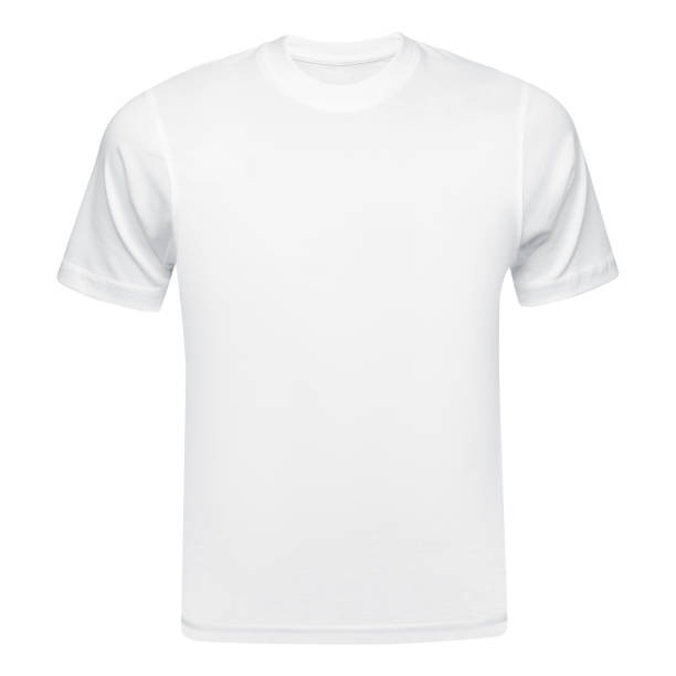 white t-shirt mockup front used as design template. tee shirt blank isolated on white - store indoors design advertisement imagens e fotografias de stock