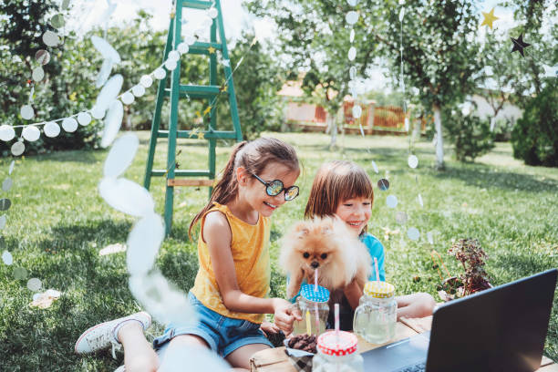 istock Happy children celebrating birthday virtual at backyard. 1354021253