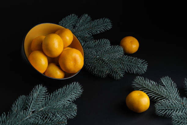 istock Tangerines with a sprig of spruce on a dark background. 1354022365