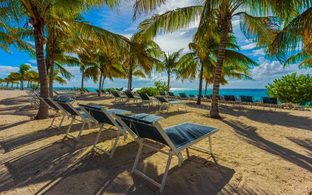 piaszczysta plaża z palmami i niebieskimi krzesłami w grand turk, turks & caicos, wyspy karaibskie - turks and caicos islands caicos islands bahamas island zdjęcia i obrazy z banku zdjęć