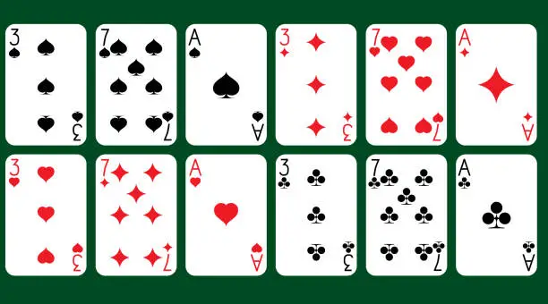 Vector illustration of playing cards of four suits on a green background, 3, 7, Ace