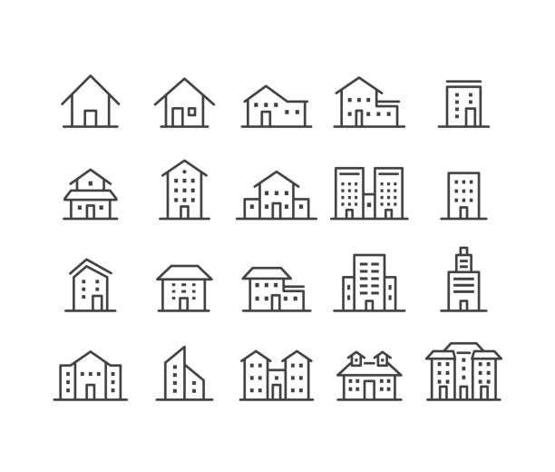 ilustraciones, imágenes clip art, dibujos animados e iconos de stock de iconos de construcción - serie classic line - construction residential structure house mansion