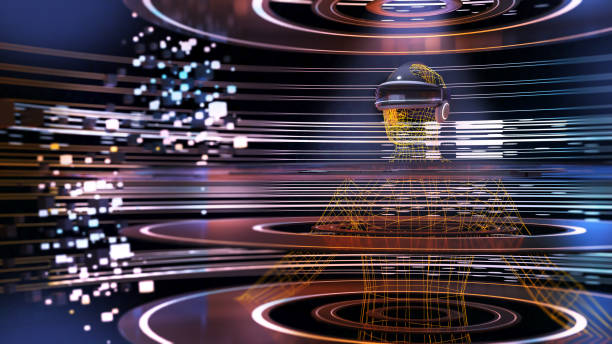 Virtual camera technology, virtual reality, simulated world travel via cyberspace, digital technology metaverse,dark back ground,3d rendering