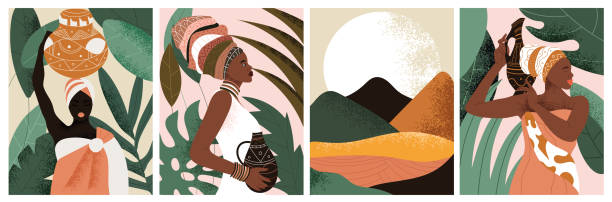 Set of African woman wearing traditional clothes Set of four African woman in tribal style wearing traditional clothes carrying assorted pots and water containers with landscape, colored vector illustration woman painted image stock illustrations