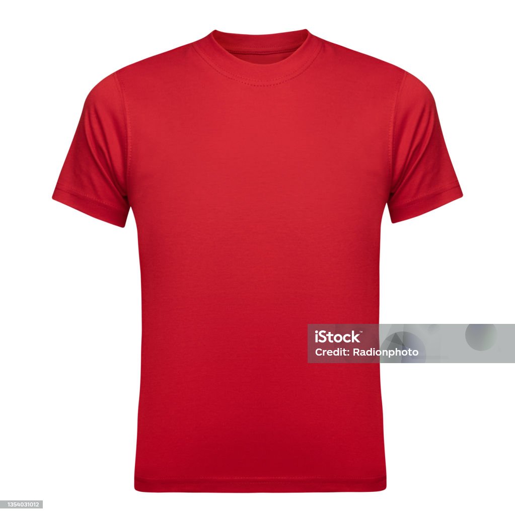 Red T-shirt mockup men as design template. Tee Shirt blank isolated on white. Front view Red T-shirt mockup men as design template. Female Tee Shirt blank isolated on white. Front view. T-Shirt Stock Photo