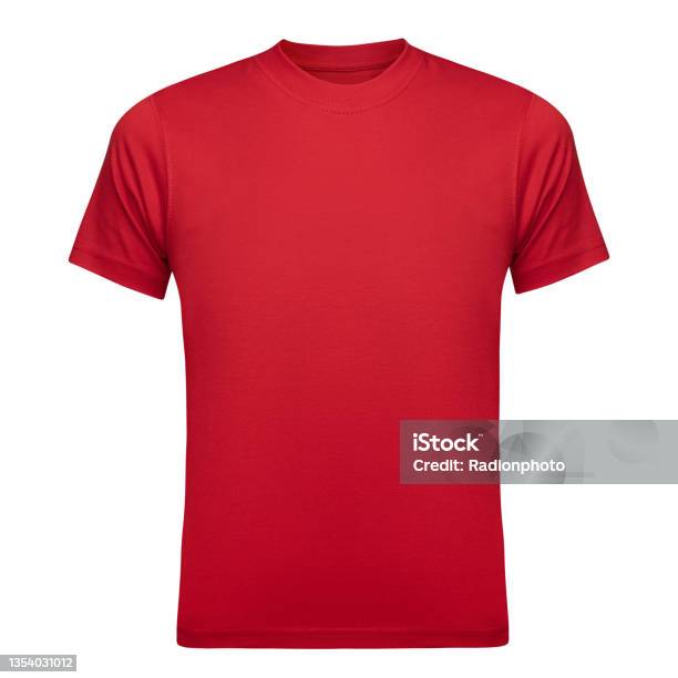 Red Tshirt Mockup Men As Design Template Tee Shirt Blank Isolated On White Front View Stock Photo - Download Image Now