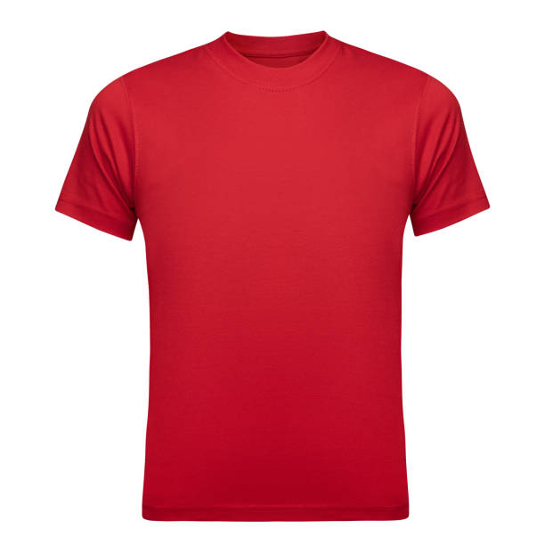 red t-shirt mockup men as design template. tee shirt blank isolated on white. front view - sports uniform fotos imagens e fotografias de stock