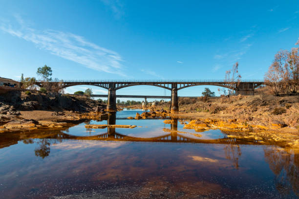 puente que se refleja en las aguas del río tinto - red river fotografías e imágenes de stock