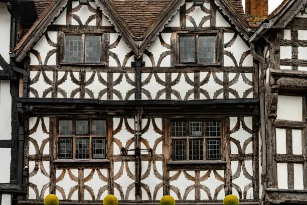 Close-up of Tudor half timbered building in Stratford upon Avon