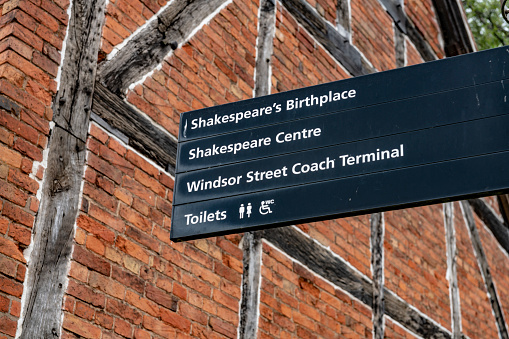 Signs to Shakespeare's birthplace in Stratford upon Avon, Warwickshire, England, UK.