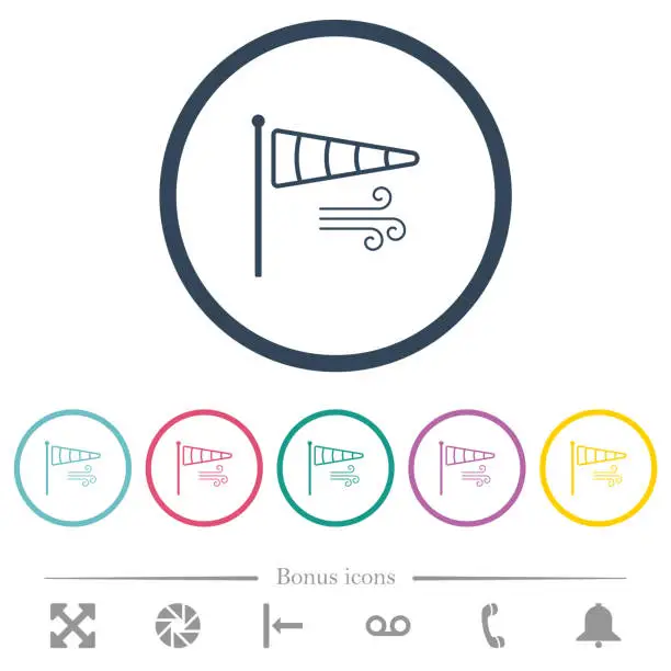 Vector illustration of Windsock indicator with wind outline flat color icons in round outlines