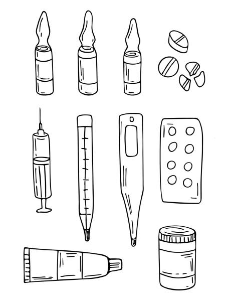 ilustrações, clipart, desenhos animados e ícones de comprimidos, seringa, pomada, recipiente de cápsula e conjunto de ampola. ilustração médica de rabisco sacado à mão. cuidados de saúde, terapia, conceito de tratamento - vitamin pill vitamin c nutritional supplement bottle