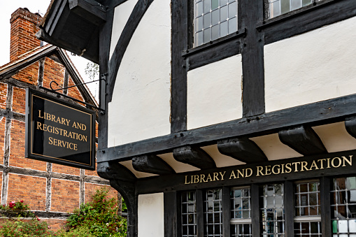 Close-up of Tudor half timbered building in Stratford upon Avon, Warwickshire. This is the public Library.