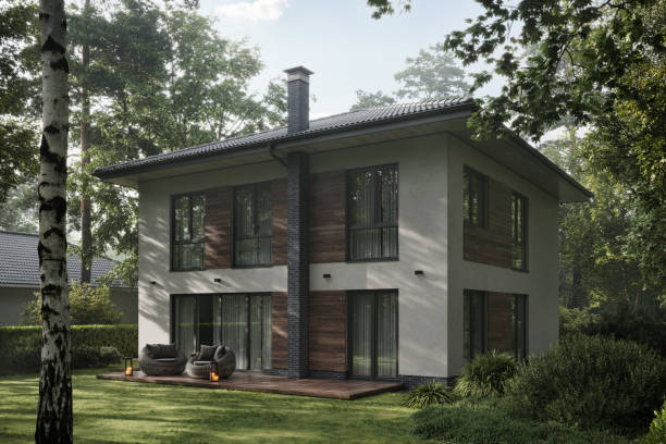istock Bungalow surrounded by trees on a summer day in 3d render 1354034876