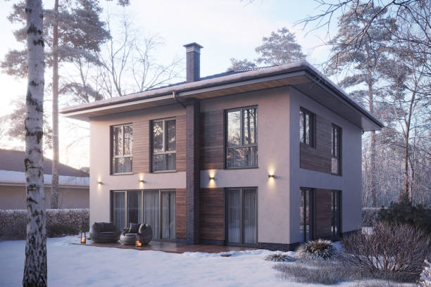istock 3d rendering of modern house backyard on winter day 1354034933