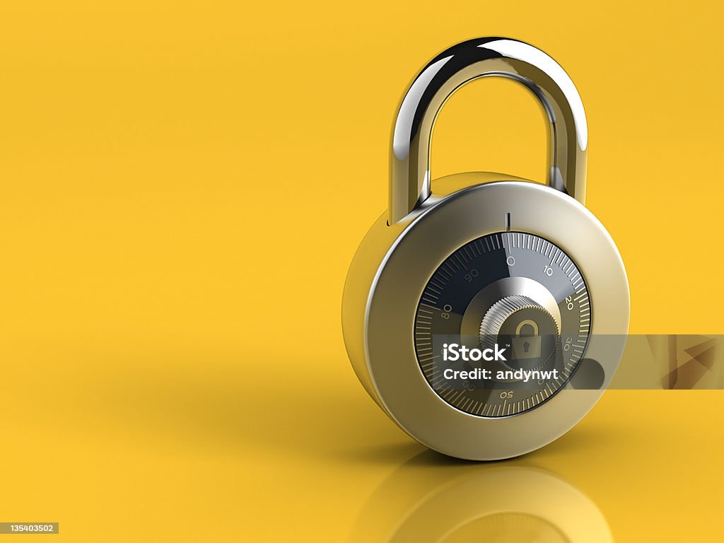 Internet Security Concept Combination padlock on yellow background. Clipping path included. Padlock Stock Photo