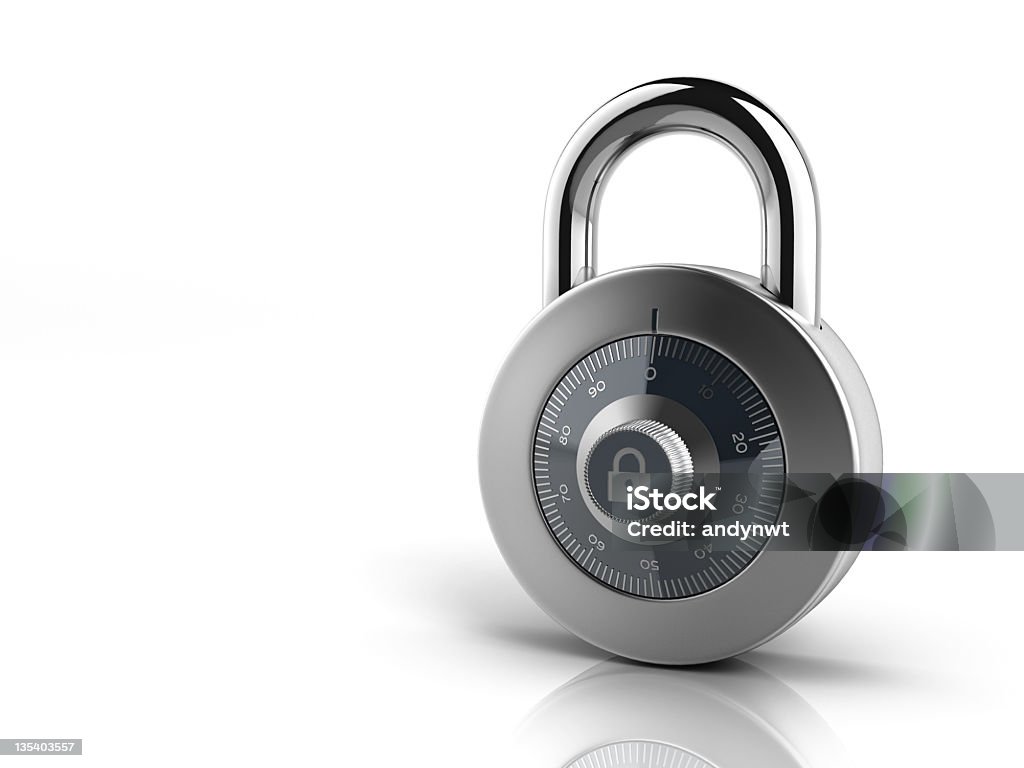 Silver combination lock on all white background Combination padlock isolated on white. Clipping path included. Internet Stock Photo