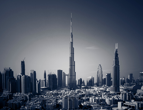 futuristic modern mega city skyline dubai, united arab emirates.