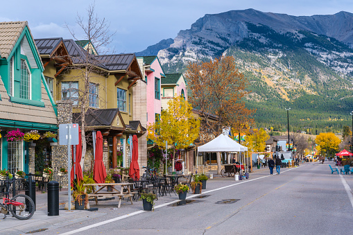 Canmore, Alberta, Canada - 28 September 2021: The town of Canmore in the Canadian Rockies
