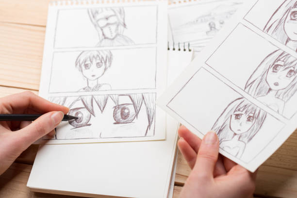 istock Artist drawing an anime comic book in a studio. 1354042596