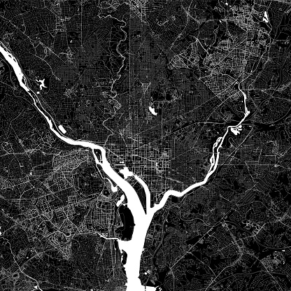 Topographic / Road map of Washington, D.C., USA. Original map data is open data via © OpenStreetMap contributors. All maps are layered and easy to edit. Roads are editable stroke.