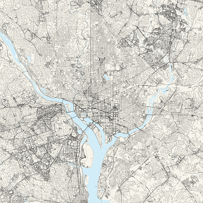 Topographic / Road map of Washington, D.C., USA. Original map data is open data via © OpenStreetMap contributors. All maps are layered and easy to edit. Roads are editable stroke.