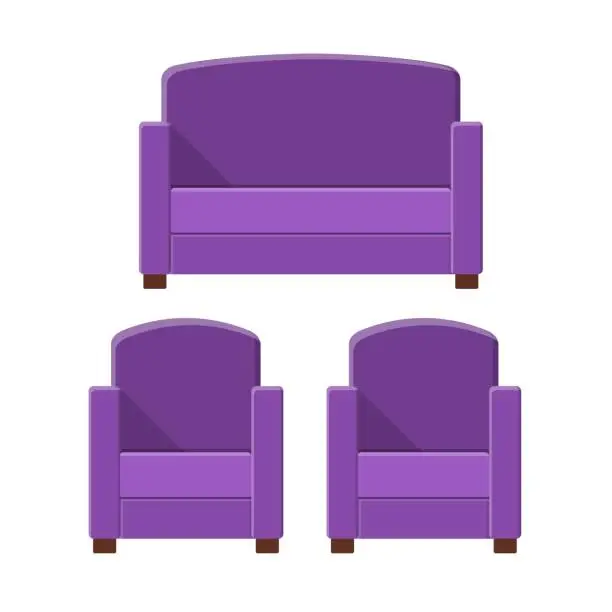 Vector illustration of Stylish comfortable modern sofa and armchairs in flat style isolated on white background. Part of the interior of a living room or office. Soft furniture for rest and relaxation. Vector illustration