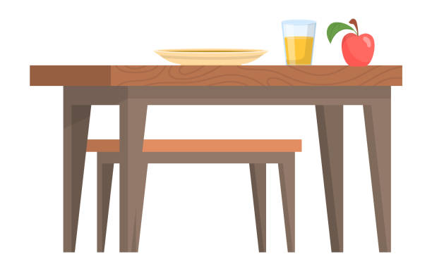 Breakfast icon. Wooden table with food in cartoon style Breakfast icon. Wooden table with food in cartoon style isolated on white background restaurant table side view stock illustrations