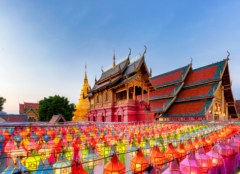 Colorful Lamp and Lantern Loy Krathong festival Lamphun Thailand at Wat Phra That Hariphunchai