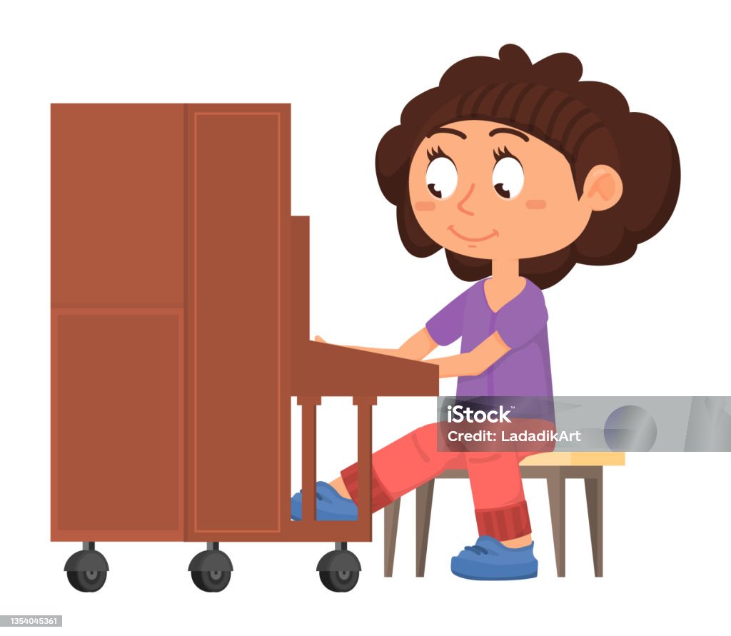 Girl Playing On Piano Music School Student In Cartoon Style Stock  Illustration - Download Image Now - iStock