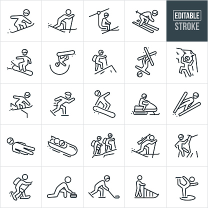 A set of winter sports icons that include editable strokes or outlines using the EPS vector file. The icons include a snowboarder jumping, cross country skier, freestyle skier doing tricks, skier on ski lift, skier skiing downhill, snowboarder wearing a helmet, snowboarder in half pipe doing a trick, hiker hiking mountain, aerial skier doing trick, ice climber climbing ice face, snowboarder doing trick on rail, speed skater skating, snowmobiler snowmobiling, ski jumper jumping, athlete going down track on luge, two athletes going down track in bobsled, two hikers hiking mountain, athlete in biathlon, person snowshoeing, ice hockey player playing ice hockey, person on dog sled, ice skater skating and an athlete doing the sport of curling.