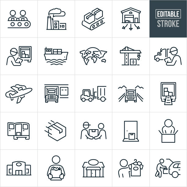 ilustrações de stock, clip art, desenhos animados e ícones de supply chain thin line icons - editable stroke - trucking