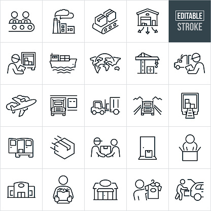 A set of supply chain icons that include editable strokes or outlines using the EPS vector file. The icons include a factory, workers working on an assembly line in a factory, a conveyor belt with packages, distribution warehouse, worker loading truck with packages, worldwide distribution of product, freight cargo dock, cargo plane, semi-truck at loading dock, semi-truck being loaded by forklift, semi-truck traveling roads, packages in the back of semi-truck, delivery van with package, delivery person delivering package to customer, package delivered to doorstep, customer opening delivered package, retail outlet store, person holding bag of groceries, small business building, customer holding shirt in retail outlet, customer loading shopping bag into vehicle and other related icons.