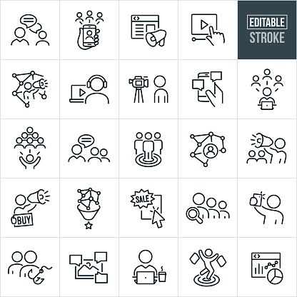 A set of social media marketing icons that include editable strokes or outlines using the EPS vector file. The icons include an online chat, smartphone with social media concept, website with bullhorn, online video, social media manager using a bullhorn and surrounded by a social network, person with headphones viewing a video on his laptop, social median influencer recording a video, online conversation on smartphone, social media manager using social media from laptop to reach customers, person using social media to reach target audience, target audience, social network, social media marketer with bullhorn and people in background, social media marketer holding a buy sign while shouting through bullhorn, social media data filtering, online sale, social media influencer taking video of herself using her smartphone, blogging, social media expert on computer blogging, target customer and social media data analysis to name a few.