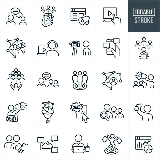 Social Media Marketing Thin Line Icons - Editable Stroke A set of social media marketing icons that include editable strokes or outlines using the EPS vector file. The icons include an online chat, smartphone with social media concept, website with bullhorn, online video, social media manager using a bullhorn and surrounded by a social network, person with headphones viewing a video on his laptop, social median influencer recording a video, online conversation on smartphone, social media manager using social media from laptop to reach customers, person using social media to reach target audience, target audience, social network, social media marketer with bullhorn and people in background, social media marketer holding a buy sign while shouting through bullhorn, social media data filtering, online sale, social media influencer taking video of herself using her smartphone, blogging, social media expert on computer blogging, target customer and social media data analysis to name a few. customer engagement stock illustrations