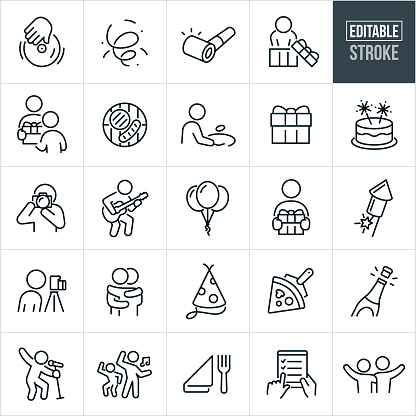 A set of party and celebration icons that include editable strokes or outlines using the EPS vector file. The icons include a disc jokey, confetti, party blower, person opening present, person getting present from giver, hamburger and hotdog on grill, person grilling, gift, cake with candles, photographer, person playing guitar, party balloons, person holding gift in hands, firework, two people hugging, party hat, pizza, champagne, singer singing, people dancing, place setting, checklist and two friends with arms around shoulders to name a few.