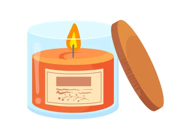 Vector illustration of Candle in jar with lid. Flame of aromatic memorial, vector illustration