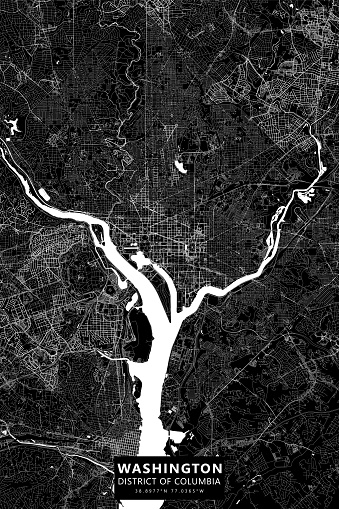 Poster Style topographic / Road map of Washington, D.C., USA. Original map data is open data via © OpenStreetMap contributors. All maps are layered and easy to edit. Roads are editable stroke.
