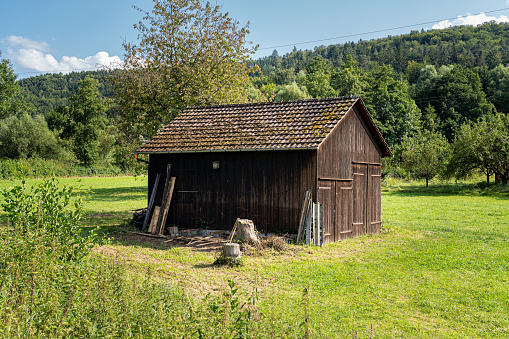 Wooden garden shed in the middle of a green meadow